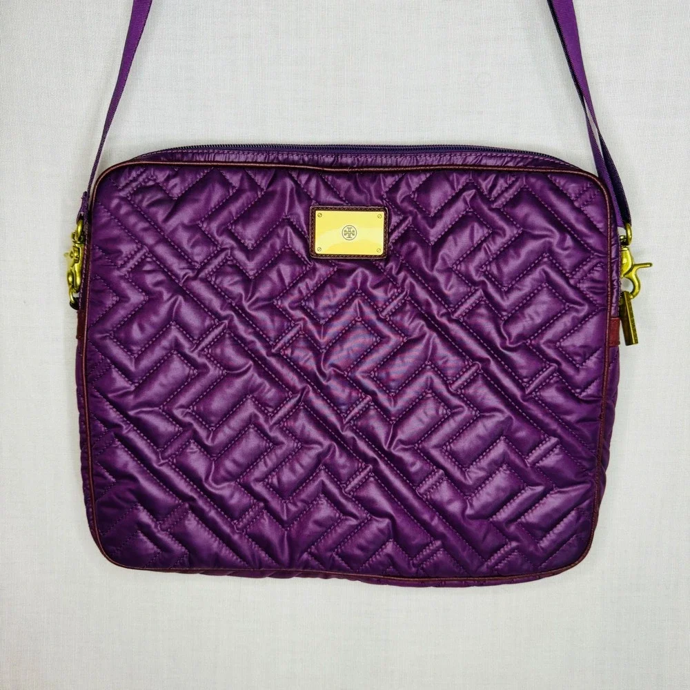 Tory Burch Purple Quilted Crossbody Laptop Bag Padded Tech Case Gold Hardware